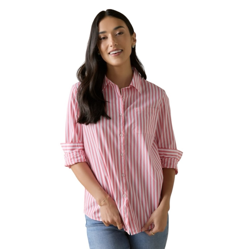 Francesca’s Mi Ami Lorna Button Down Top Long Sleeve Pink White‎ Striped Medium